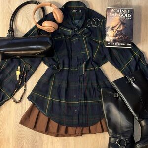 Plaid Button-Up Blouse with Neck Tie